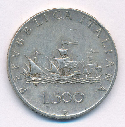 Olaszország 1959R 500L Ag 'Kolumbusz hajói' T:2- patina Italy 1959R 500 Lire Ag 'Columbus' Ships' C:VF patina Krause KM#98
