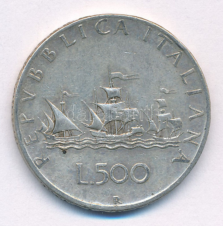 Olaszország 1959R 500L Ag 'Kolumbusz hajói' T:2- patina Italy 1959R 500 Lire Ag 'Columbus' Ships' C:VF patina Krause KM#98