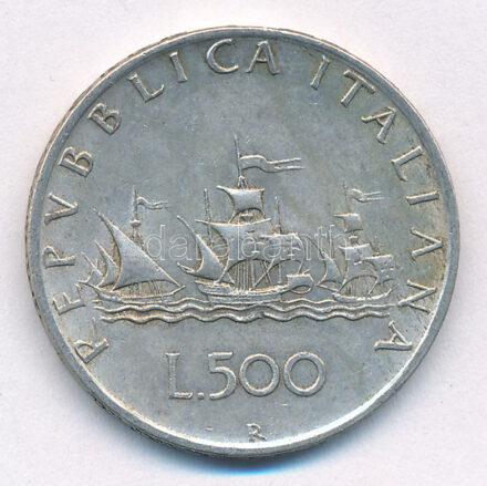 Olaszország 1960R 500L Ag 'Kolumbusz hajói' T:2- patina Italy 1960R 500 Lire Ag 'Columbus' Ships' C:VF patina Krause KM#98