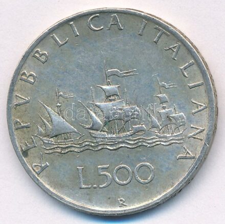 Olaszország 1960R 500L Ag 'Kolumbusz hajói' T:2- patina Italy 1960R 500 Lire Ag 'Columbus' Ships' C:VF patina Krause KM#98