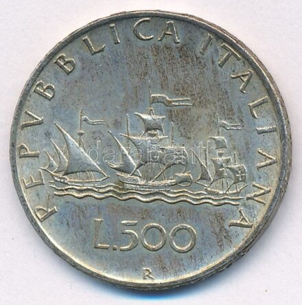Olaszország 1960R 500L Ag 'Kolumbusz hajói' T:2 patina Italy 1960R 500 Lire Ag 'Columbus' Ships' C:XF patina Krause KM#98
