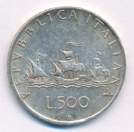 Olaszország 1960R 500L Ag 'Kolumbusz hajói' T:2 patina Italy 1960R 500 Lire Ag 'Columbus' Ships' C:XF patina Krause KM#98
