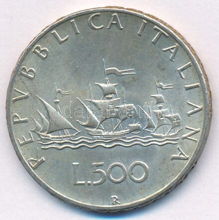 Olaszország 1960R 500L Ag 'Kolumbusz hajói' T:1-,2 patina Italy 1960R 500 Lire Ag 'Columbus' Ships' C:AU,XF patina Krause KM#98