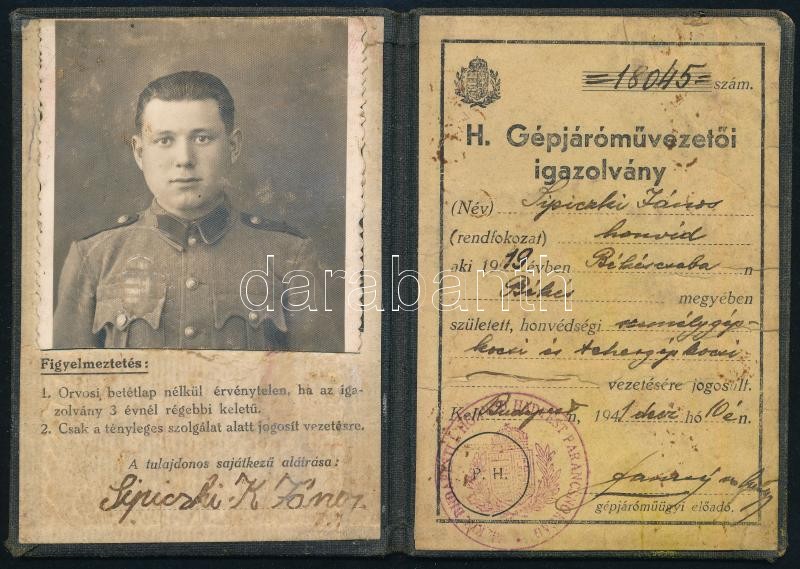 Honvéd gépjárómű vezetői igazolvány. Fényképes