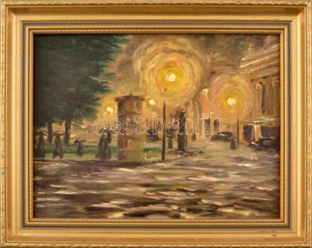 Jelzés nélkül: Esti fények. Olaj, karton. Dekoratív fakeretben. 30×40 cm
