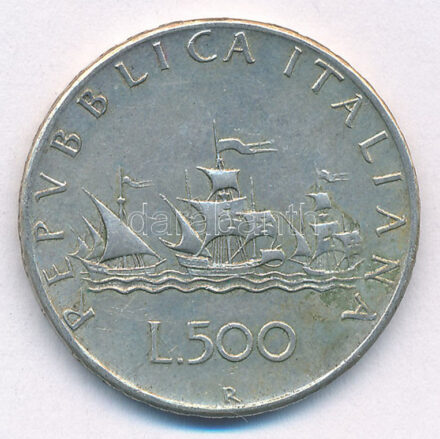 Olaszország 1961R 500L Ag 'Kolumbusz hajói' T:2- patina Italy 1961R 500 Lire Ag 'Columbus' Ships' C:VF patina Krause KM#98
