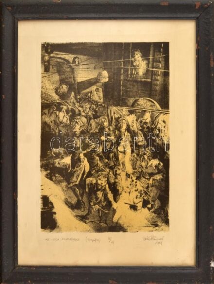 Szántó Dezső (1958-): Az utca áradatában, 1981. Litográfia, papír. Jelzett. Számozott: IV/VII. Üvegezett, kissé sérült fakeretben. 36×26 cm
