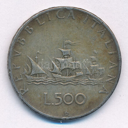 Olaszország 1961R 500L Ag 'Kolumbusz hajói' T:3 patina, ph. Italy 1961R 500 Lire Ag 'Columbus' Ships' C:F patina, edge error Krause KM#98