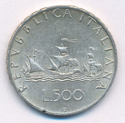 Olaszország 1964R 500L Ag 'Kolumbusz hajói' T:2 patina, ph. Italy 1964R 500 Lire Ag 'Columbus' Ships' C:XF patina, edge error Krause KM#98