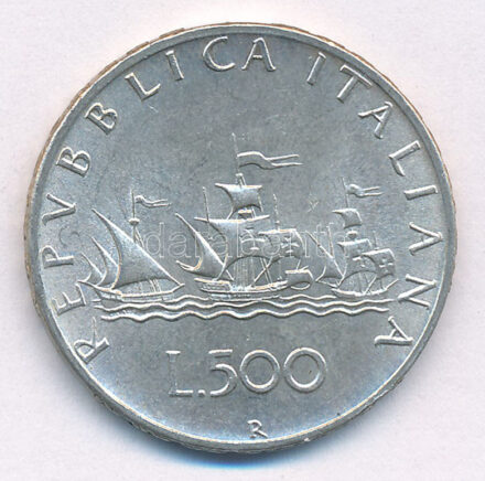 Olaszország 1964R 500L Ag 'Kolumbusz hajói' T:2 patina Italy 1964R 500 Lire Ag 'Columbus' Ships' C:XF patina Krause KM#98