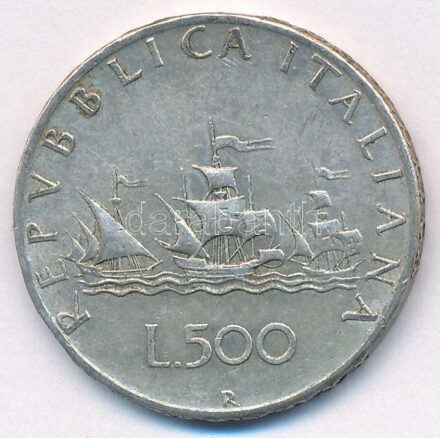 Olaszország 1965R 500L Ag 'Kolumbusz hajói' T:2- patina Italy 1965R 500 Lire Ag 'Columbus' Ships' C:VF patina Krause KM#98