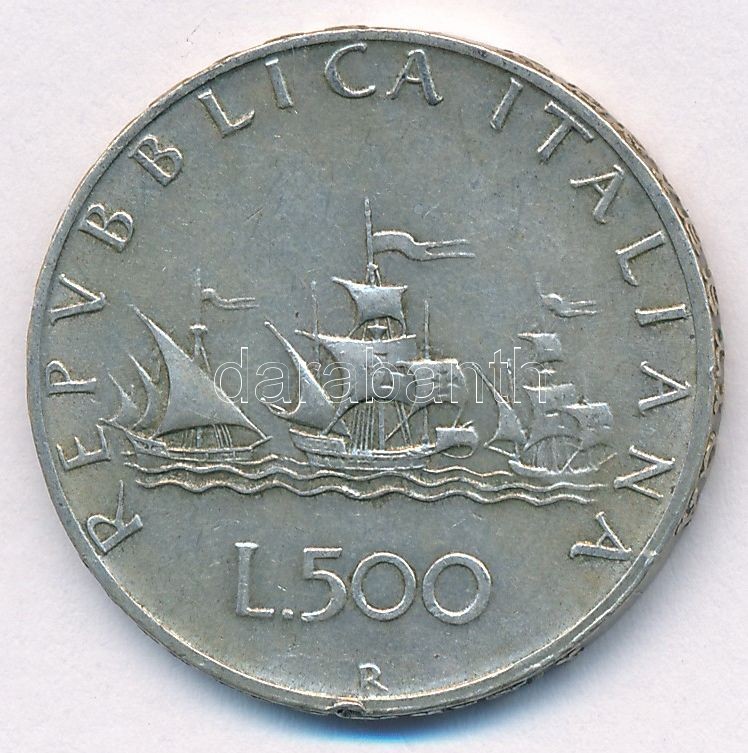 Olaszország 1965R 500L Ag 'Kolumbusz hajói' T:2- patina, ph. Italy 1965R 500 Lire Ag 'Columbus' Ships' C:VF patina, edge error Krause KM#98