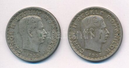 Románia 1932. 100L Ag 'II. Károly' (londoni veret) (2x) T:2 ph., patina Romania 1932. 100 Lei Ag 'Carol II' (minted in London) (2x) C:XF edge error, patina Krause KM#52