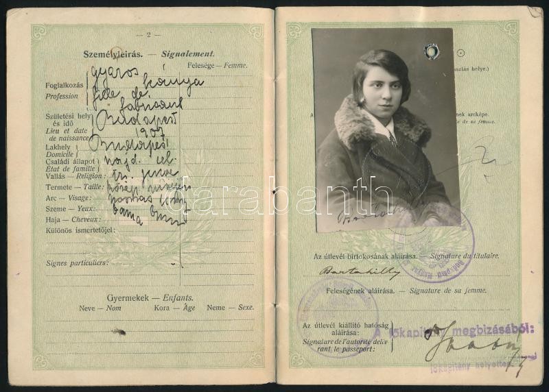 1927 Bp., Gyáros leánya számára kiállított fényképes útlevél / Hungarian passport