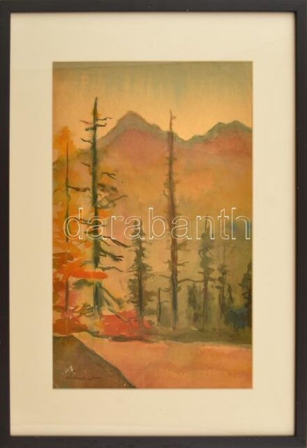 Schubert Ernő (1903-1960): Fenyves. Akvarell, papír, jelzett, kissé sérült, hátoldalán hagyatéki pecséttel, üvegezett fakeretben, 39,5×27 cm