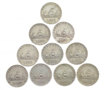 Olaszország 1960R 500L Ag 'Kolumbusz hajói' (10x) T:2-,3 patina Italy 1960R 500 Lire Ag 'Columbus' ships' (10x) C:VF,F patina Krause KM#98