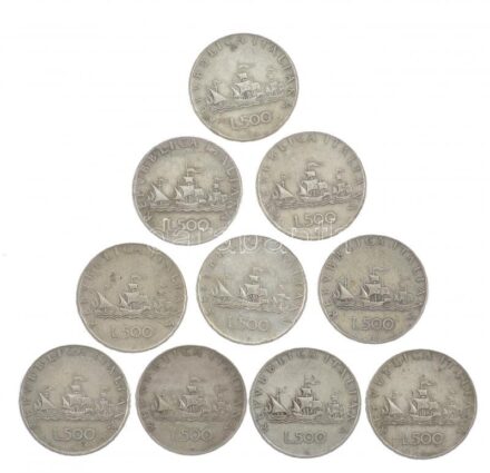 Olaszország 1959R 500L Ag 'Kolumbusz hajói' (10x) T:2-,3 patina Italy 1959R 500 Lire Ag 'Columbus' ships' (10x) C:VF,F patina Krause KM#98