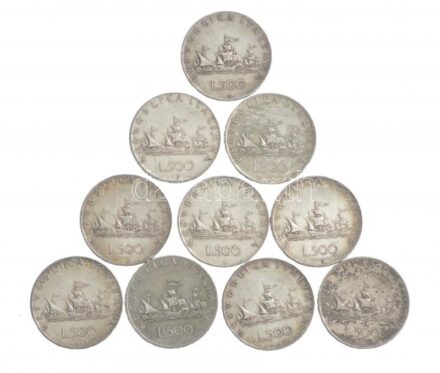 Olaszország 1958R 500L Ag 'Kolumbusz hajói' (10x) T:2-3 patina Italy 1958R 500 Lire Ag 'Columbus' ships' (10x) C:XF-F patina Krause KM#98