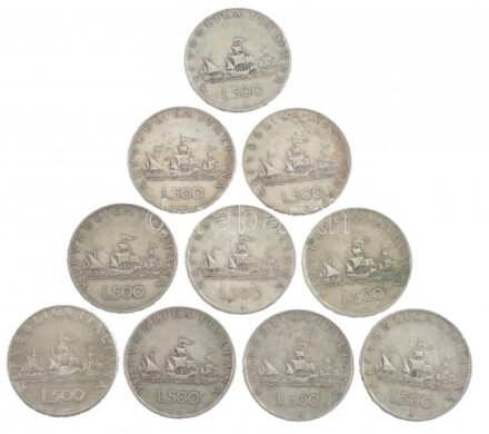 Olaszország 1958R-1964R 500L Ag 'Kolumbusz hajói' (10x) T:2-,3 patina Italy 1958R-1964R 500 Lire Ag 'Columbus' ships' (10x) C:VF,F patina Krause KM#98