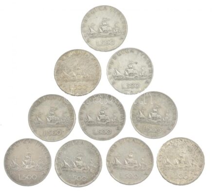Olaszország 1958R-1964R 500L Ag 'Kolumbusz hajói' (10x) T:2-,3 patina Italy 1958R-1964R 500 Lire Ag 'Columbus' ships' (10x) C:VF,F patina Krause KM#98