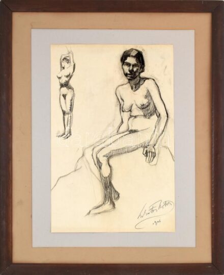Lakatos Artúr (1880-1968): Női akt tanulmányok, 1906. Szén, papír, jelzett. Lap teteje kartonra kasírozva. Fakeretben, 55x36 cm