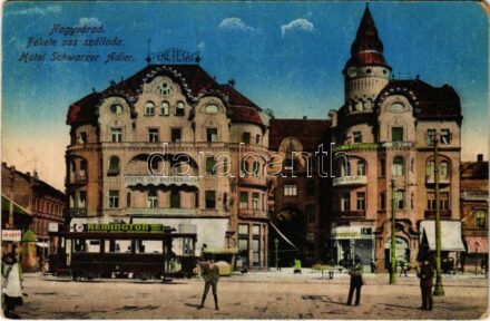 1917 Nagyvárad, Oradea; Fekete Sas szálloda, Vigadó Mozgó, mozi, villamos Remington írógép reklámmal / hotel, shops, cinema, tram with advertisement (EB)