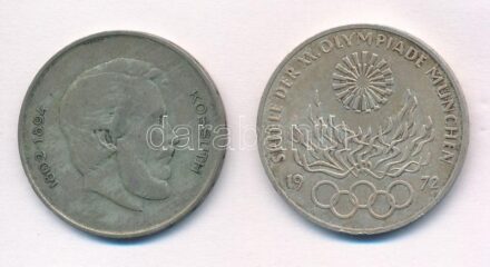 1947. 5Ft Ag 'Kossuth' + NSZK 1972J 10M Ag 'Müncheni Olimpia / Olimpiai Láng' T:2-3 patina, kis ph Hungary 1947. 5 Forint Ag 'Kossuth' + FRG 1972J 10 Mark Ag 'Olympic Games Munich / Olympic Flame' C:XF-F patina, small edge error Adamo F8.1,