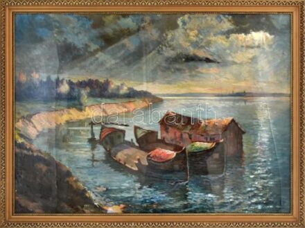 Zágon Gyula (1904-1990): Hajómalom. Olaj, vászon, jelzett, minimális sérülésekkel, kopott, sérült keretben. 65x91 cm