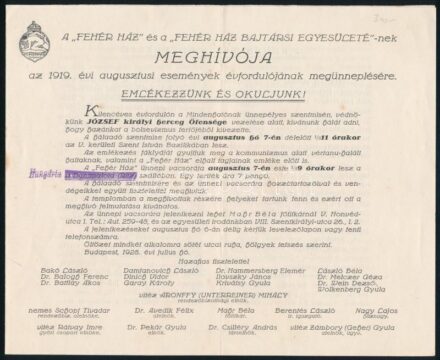 1919 Bp., A 'Hehér-Ház' és a 'Fehér-Ház' bajtársi egyesületének meghívója történelmi események évfordulójának megünneplésére, hajtott, kissé foltos, 3 számozatlan oldal, 17x21 cm