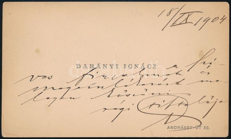 1904 Darányi Ignác korábbi és később földművelésügyi miniszter autográf köszönő sorai saját névjegykártyáján, 7x12 cm