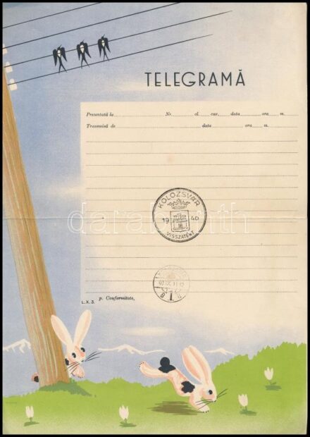 1940 Kolozsvár visszatért bélyegzővel ellátott román távirat nyomtatvány, hajtásnyommal, 29,5x21 cm
