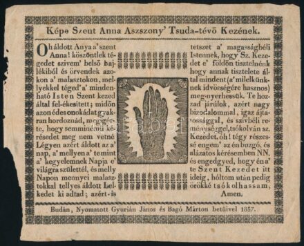 1837 Képe Szent Anna Asszony' Tsuda-tévő Kezének, fametszet, papír, nyomatott Budán Gyurián János és Bagó Műárton betűivel, lapszéli, metszetet nem érintő sérüléssel, kisé foltos, 15x19 cm