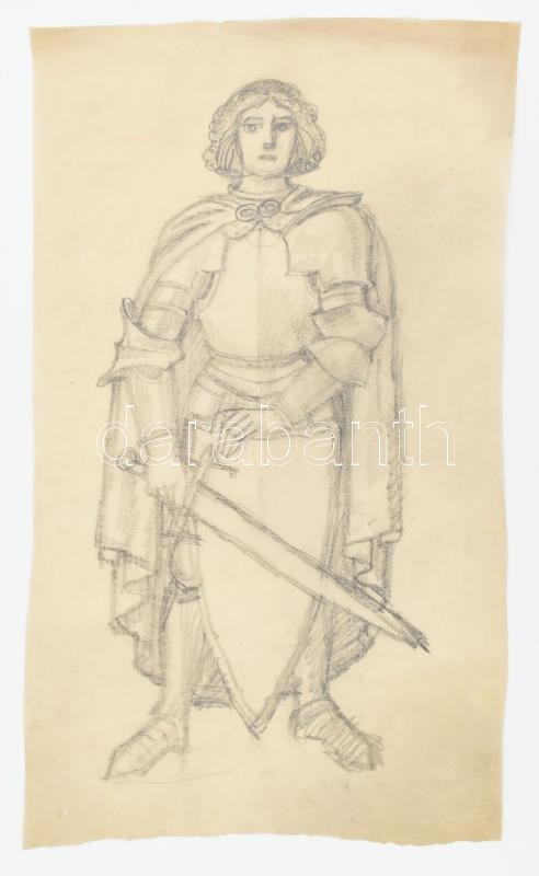 Muhits Sándor (1882-1956): Lovag karddal (Üvegablak v. freskóterv). Ceruza, hártyapapír, jelzés nélkül, lap széle kissé sérült, 40,5×22 cm
