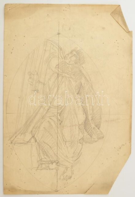 Muhits Sándor (1882-1956): Zenélő alak (Üvegablak v. freskóterv). Ceruza, papír, jelzés nélkül, lap széle sérült, törésnyommal, 44×30 cm