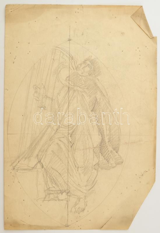 Muhits Sándor (1882-1956): Zenélő alak (Üvegablak v. freskóterv). Ceruza, papír, jelzés nélkül, lap széle sérült, törésnyommal, 44×30 cm