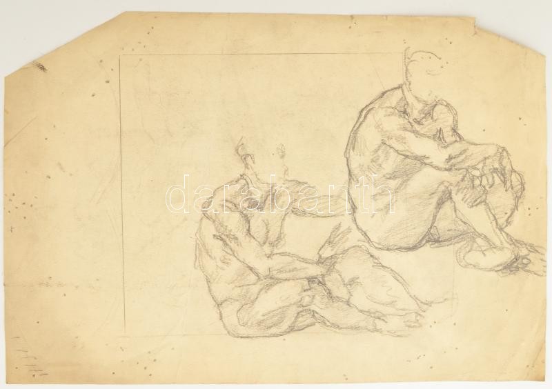 Muhits Sándor (1882-1956): Zenélő alak (Üvegablak v. freskóterv). Ceruza, papír, jelzés nélkül, lap széle sérült, törésnyommal, 44×30 cm - Image 2