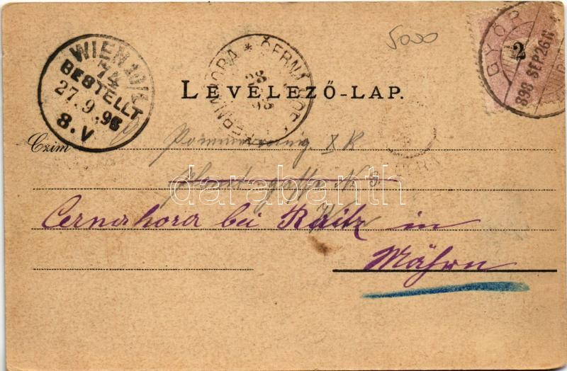 1898 (Vorläufer) Győr, Újváros, zsinagóga, Kisfaludy szobor, Püspökvár és Karmelita templom, Állami Főreáliskola. Ehrenthal Ignátz kiadása. Art Nouveau, floral (EK) - Image 2