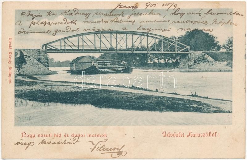 1901 Dunaharaszti, Haraszti; Nagy vasúti híd és dunai malmok, úszó hajómalom. Divald Károly kiadása / floating boat mill
