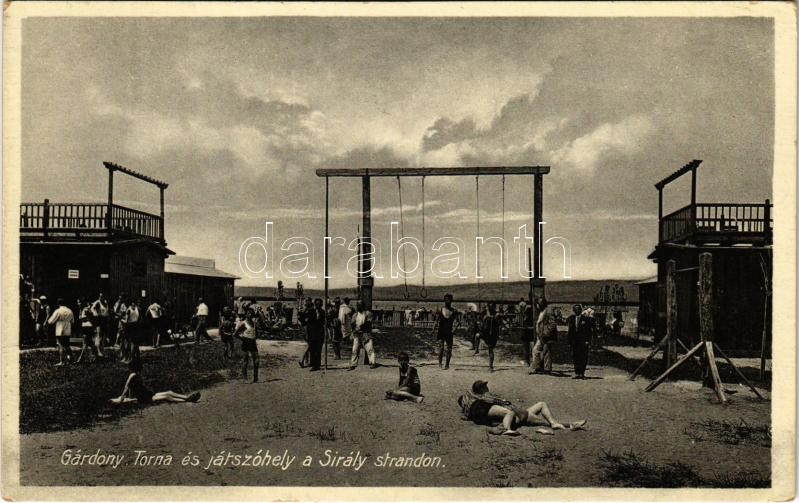 1938 Gárdony, Torna és játszóhely a Sirály strandon + 'SZÉKESFEHÉRVÁR - BUDAPEST 98' vasúti mozgóposta bélyegző (EK)