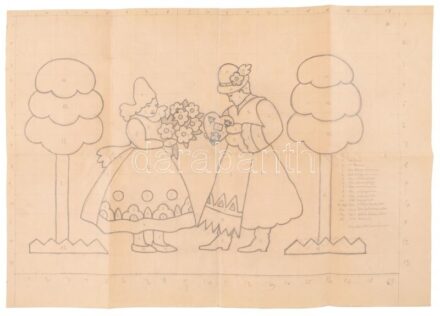 Johan Hugó (1890 - 1951): 2 db vázlat festményhez vagy üvegablakhoz. Kisebb és nagyobb méret, rajta színkódokkal. Ceruza, papír. Jelzés nélkül. Proveniencia: a művész hagyatéka. 63x47 cm, 10x8 cm