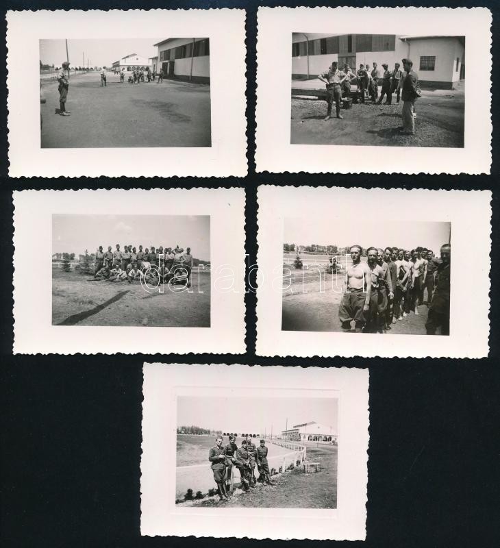 1941 Magyar katonai egység Újvidéken, 5 db hátoldalon feliratozott fotó, szép állapotban, 6×9 cm