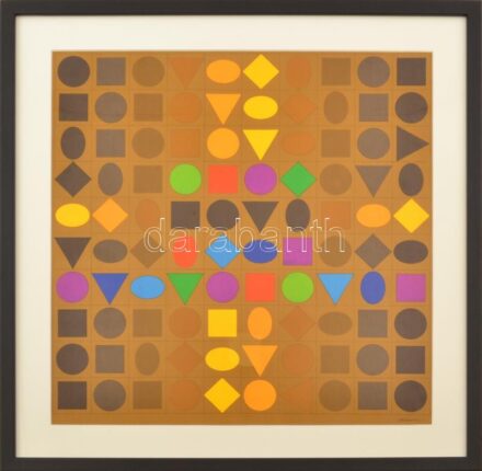 Vasarely Victor (1908-1997): Kompozíció. Ofszet, papír, jelzéssel, üvegezett fakeretben, 39×38,5 cm