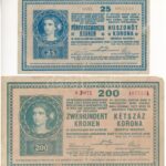 1918. 25K '3025' sima hátlap + 200K '0811, átjavított sorszám' sima hátlap, mindkét bankjegy hátoldalán írás T:III,III-