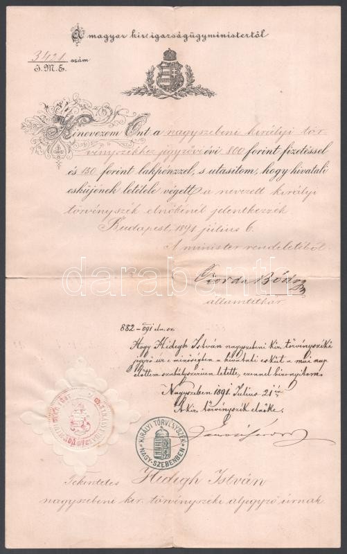 1891 Nagyszeben, törvényszéki jegyző kinevezéséről szóló okmány