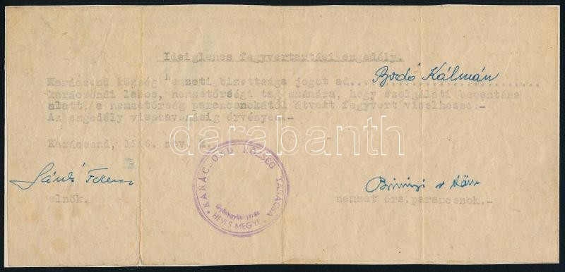 1956 nov 2. Ideiglenes fegyvertartási engedély nemzetőrségi tag számára, Karácsond. gyöngyösi járás