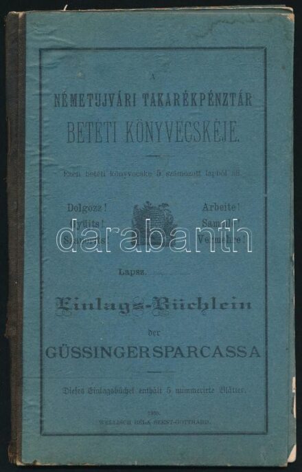 1900 A Németujvári Takarékpénztár betéti könyvecskéje (Einlags-Büchlein der Güssingersparcassa), kétnyelvű, Wellisch Béla Szentgotthárd, kitöltetlen, sérült
