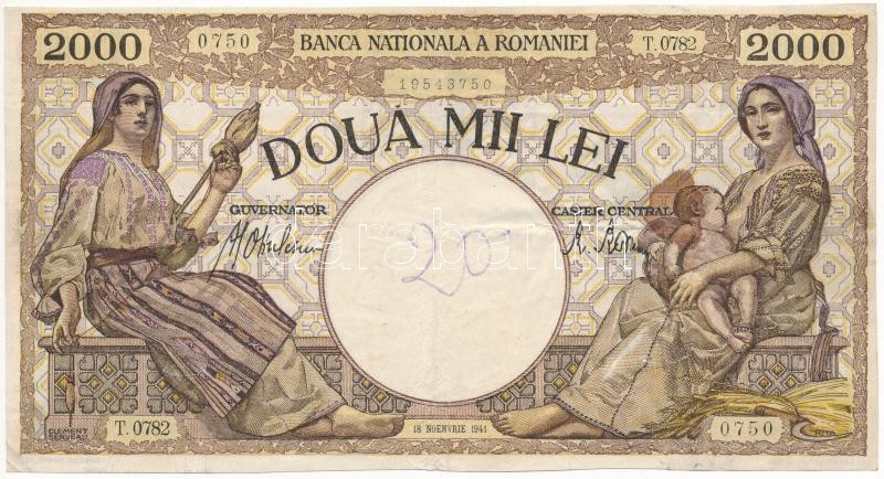 Románia 1941. 2000L T:III tűlyukak Romania 1941. 2000 Lei C:F pin holes Krause P#53