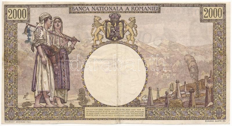 Románia 1941. 2000L T:III tűlyukak Romania 1941. 2000 Lei C:F pin holes Krause P#53 - Image 2