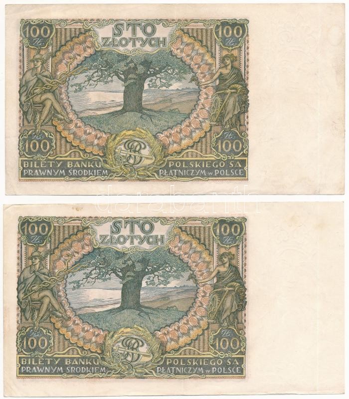 Lengyelország 1934. 100Zl (2x) T:III szép papír Poland 1934. 100 Zlotych (2x) C:F nice paper Krause P#75 - Image 2