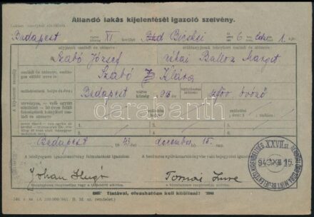 Johan Hugó (1890-1951) festő- és iparművész autográf aláírása állandó lakás kijelentését igazoló szelvényen, 1943,